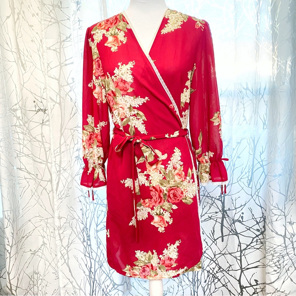 OSCAR DE LA RENTA PINK LABEL cream red green floral print sheer long sleeve robe - Picture 2 of 10